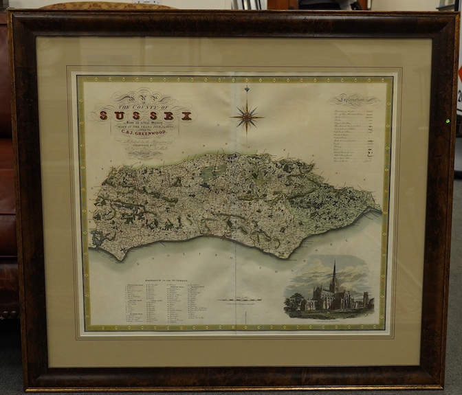 Greenwood and Co, coloured engraved map of The County Sussex, engraved by H. Frost, publ. 4th July 1829, 59 x 70cm. Condition - fair